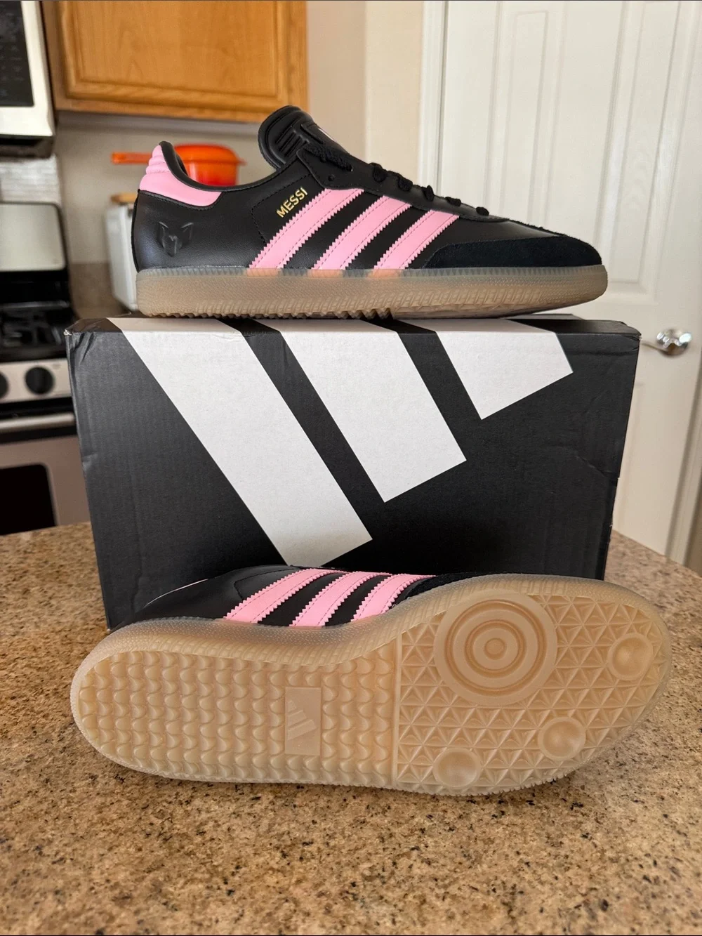 adidas Samba MESSI SOCCER Black with Pink Stripes and Gum Sole 8.5 men/9.5 women